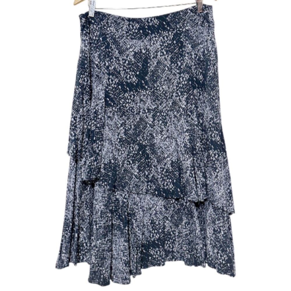 Free People Snakeskin Tiered Midi Skirt Blue Grey Asymmetrical Ruffle Rayon - 10 - Picture 3 of 5